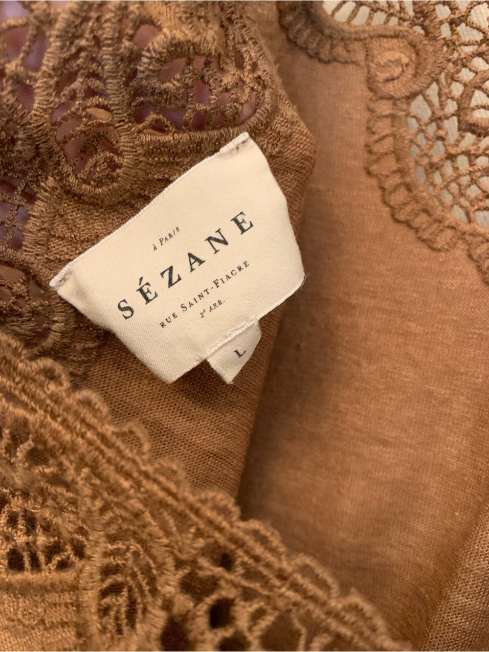Sézane Mina Linen T-Shirt with Embroidered Neckline - Brown - Women’s Size Large - Picture 10 of 11